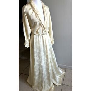 VTG Miss Dior Cream Floral Jacquard Wrap Robe Lace Trim Hollywood Glam TALL M